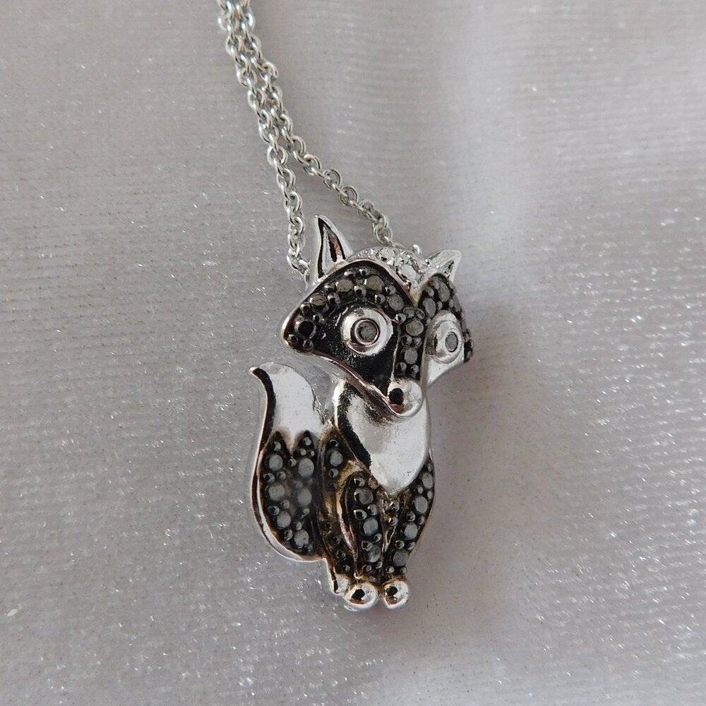 Ladies Silver Tone Black Diamond Accent Fox Necklace